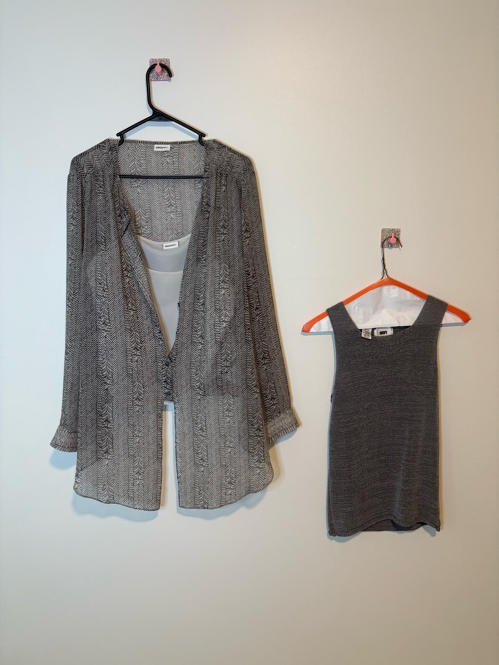 DKNY Gray Sheer Button-Front Layered Top and Gray Tank